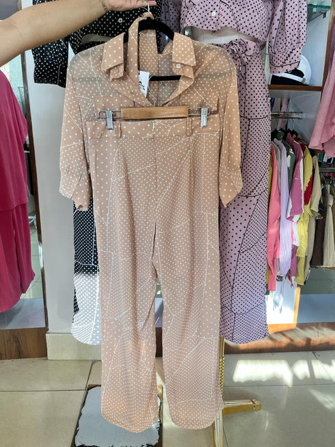 Hi-so Polka Dote Collar Crop Shirt With Fitted Pants